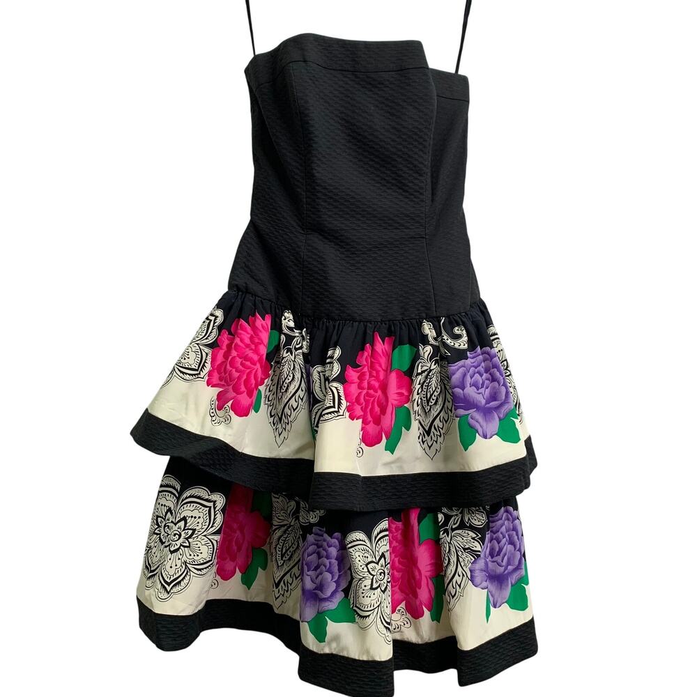 VTG Lillie Rubin Womens 4 Silk Floral Ruffle Bottom Poofy Dress Strapless 80s